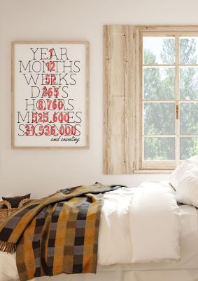 An unframed print of one year anniversary in typography in white and red accent colour