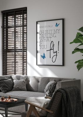 An unframed print of what if i fall quote in typography in white and blue accent colour