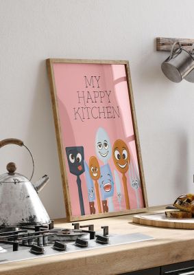 An unframed print of my happy kitchen cute in typography in pink and multicolour accent colour