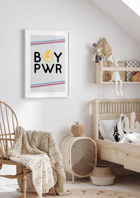 An unframed print of boy power kids wall art in typography in grey and yellow accent colour