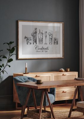 An unframed print of cocktails black white lifestyle graphic in grey and black accent colour