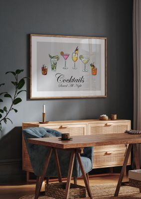 An unframed print of cocktails colour lifestyle graphic in grey and multicolour accent colour