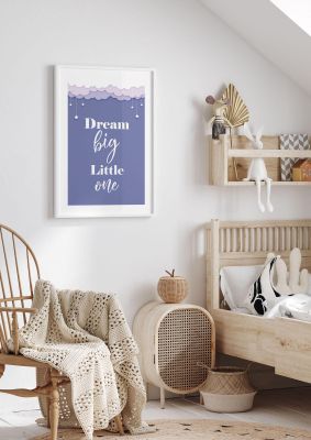An unframed print of dream big little one kids wall art in typography in purple and white accent colour
