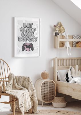 An unframed print of eat sleep game repeat kids wall art in typography in grey and pink accent colour