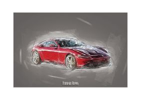 An unframed print of ferrari roma graphical illustration in grey and red accent colour