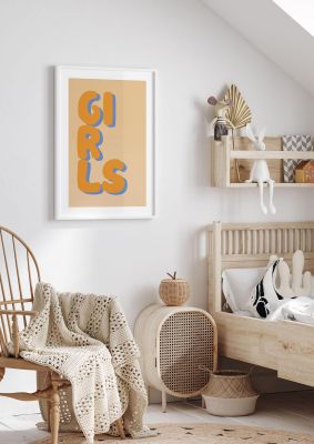 An unframed print of girls kids wall art in typography in orange and blue accent colour