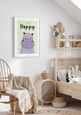 An unframed print of be happy nursery illustration in green and purple accent colour