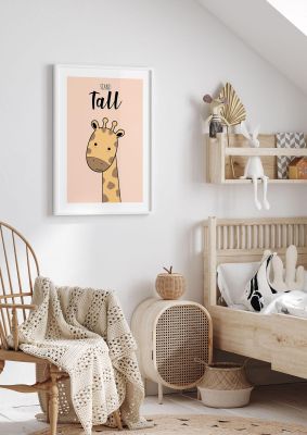 An unframed print of stand tall nursery illustration in pink and yellow accent colour