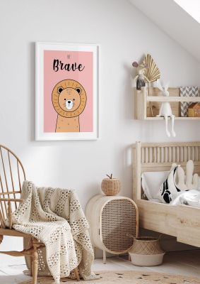 An unframed print of be brave nursery illustration in pink and orange accent colour