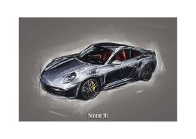 An unframed print of porsche 911 graphical illustration in grey and silver accent colour