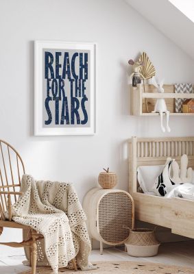 An unframed print of reach for the stars quote in typography in grey and black accent colour