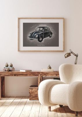An unframed print of volkswagen beetle graphical illustration in grey and black accent colour