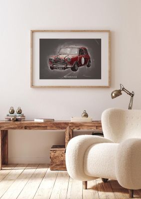 An unframed print of mini cooper classic graphical illustration in grey and red accent colour