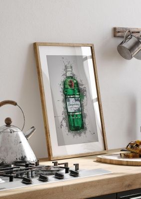 An unframed print of tanqueray original bottle splatter graphical illustration in grey and green accent colour