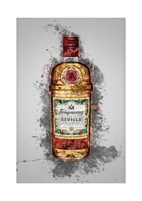 An unframed print of tanqueray sevilla bottle splatter graphical illustration in grey and orange accent colour