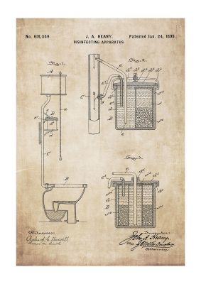 An unframed print of flush toilet patent retro illustration in beige and grey accent colour