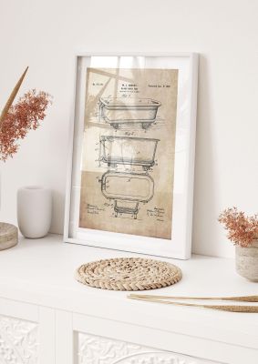 An unframed print of bath patent retro illustration in beige and grey accent colour