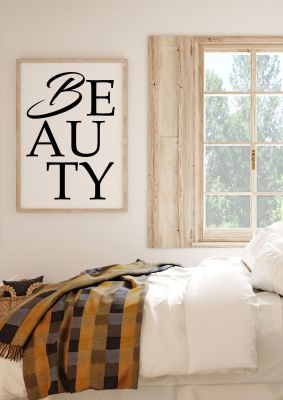 An unframed print of beauty fashion in typography in white and black accent colour