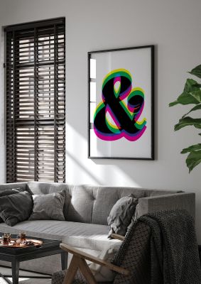 An unframed print of and graphical illustration in white and multicolour accent colour