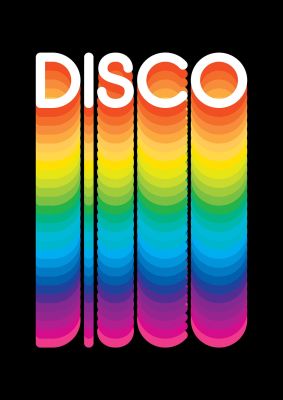 An unframed print of disco graphical illustration in black and multicolour accent colour