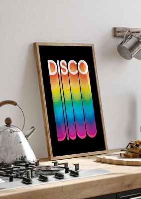 An unframed print of disco graphical illustration in black and multicolour accent colour