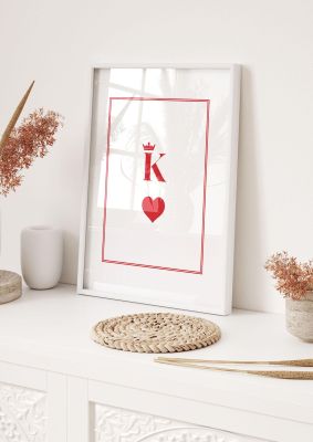 An unframed print of king of hearts graphical illustration in white and red accent colour