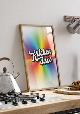 An unframed print of kitchen disco 2 graphical illustration in multicolour and white accent colour