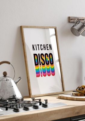An unframed print of kitchen disco graphical illustration in white and multicolour accent colour