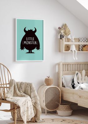 An unframed print of little monster kids wall art illustration in green and black accent colour