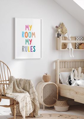 An unframed print of my room my rules kids wall art in typography in white and multicolour accent colour