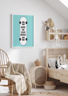 An unframed print of skate eat sleep kids wall art graphic in green and black and white accent colour