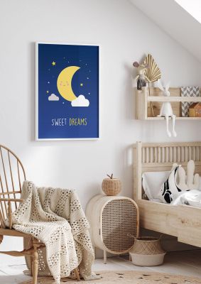 An unframed print of sweet dreams kids wall art illustration in blue and yellow accent colour