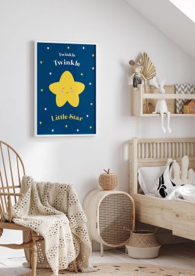 An unframed print of twinkle twinkle kids wall art illustration in blue and yellow accent colour