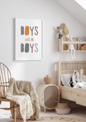 An unframed print of boys will be boys kids wall art in typography in white and multicolour accent colour