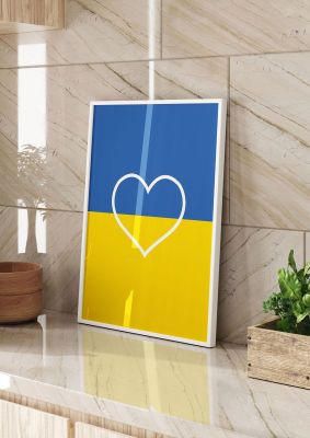 An unframed print of heart ukraine graphical illustration in blue and yellow accent colour