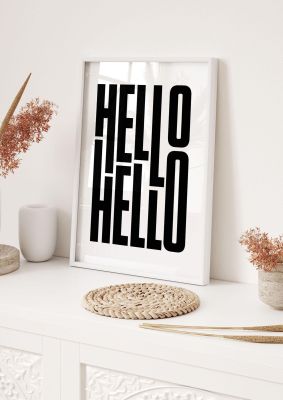 An unframed print of hello funny slogans in typography in white and black accent colour