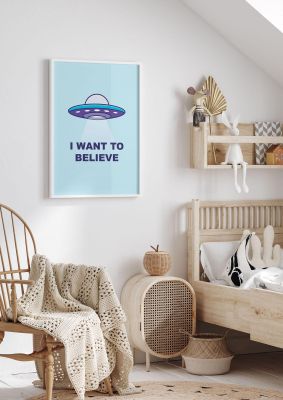 An unframed print of i want to believe kids wall art illustration in blue