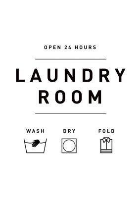 An unframed print of laundry room graphical in typography in white and black accent colour