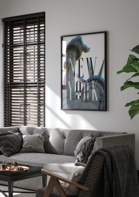 An unframed print of new york travel in typography in multicolour and black and white accent colour