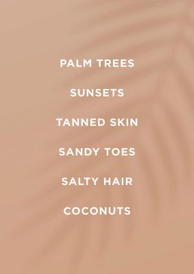 An unframed print of palm trees sunsets tanned skin quote in typography in beige and white accent colour