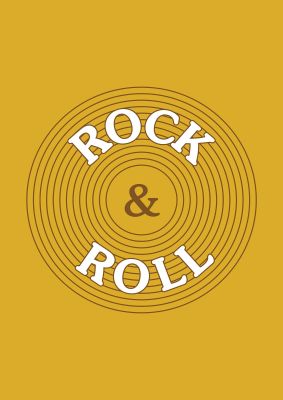 An unframed print of rock roll quote in typography in yellow and white accent colour