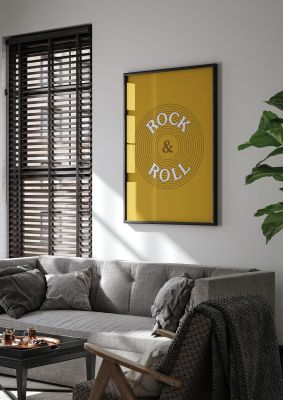 An unframed print of rock roll quote in typography in yellow and white accent colour