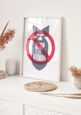 An unframed print of stop the bombs quote in typography in multicolour and red accent colour