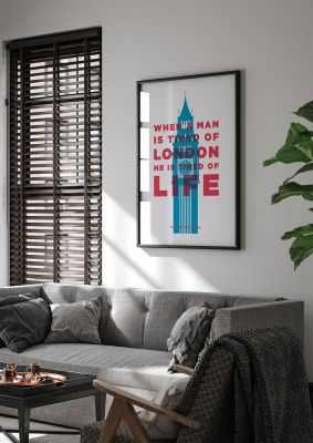 An unframed print of when a man is tired of london travel in typography in multicolour and red accent colour