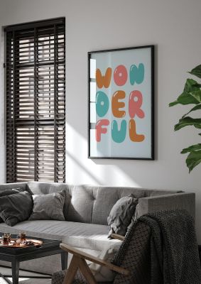 An unframed print of wonderful graphical in typography in multicolour and aquamarine accent colour