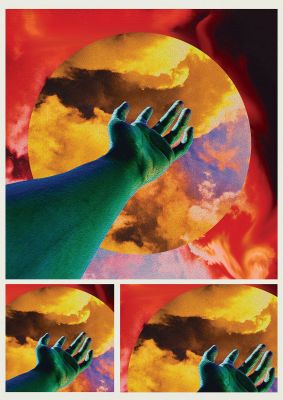 An unframed print of reaching hand colour graphical illustration in multicolour and green accent colour