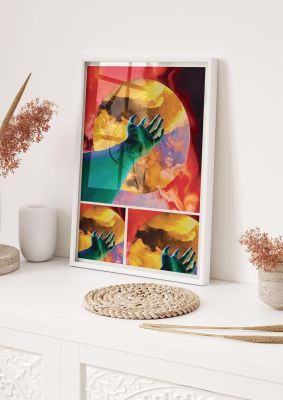 An unframed print of reaching hand colour graphical illustration in multicolour and green accent colour