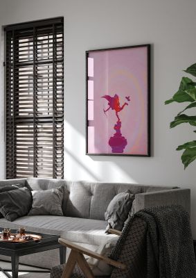 An unframed print of bold pink trippy statue swirl graphical illustration in pink and purple accent colour