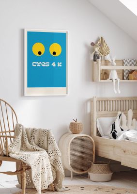 An unframed print of eyes 4 u cartoon 80's game style retro graphical illustration in blue and yellow accent colour