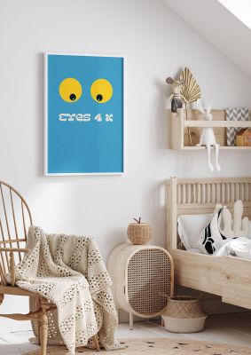 An unframed print of eyes 4 u cartoon 80's game style retro graphical illustration in blue and yellow accent colour